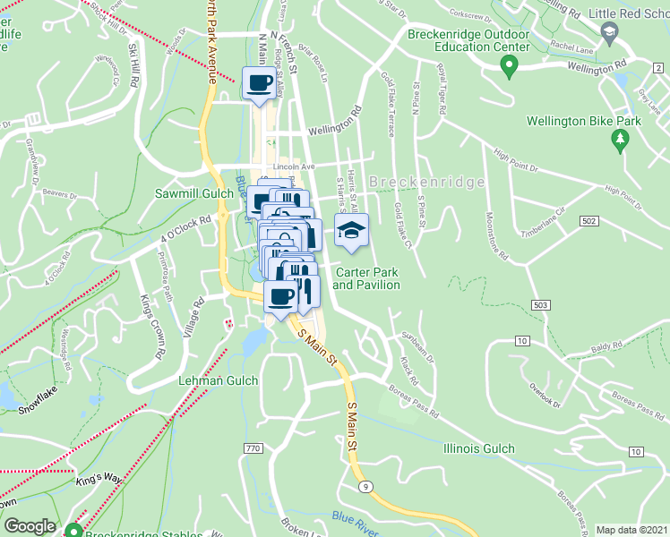 map of restaurants, bars, coffee shops, grocery stores, and more near 400 South French Street in Breckenridge