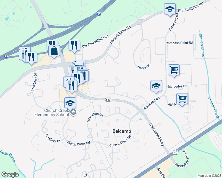 map of restaurants, bars, coffee shops, grocery stores, and more near 4253 Goodson Court in Belcamp