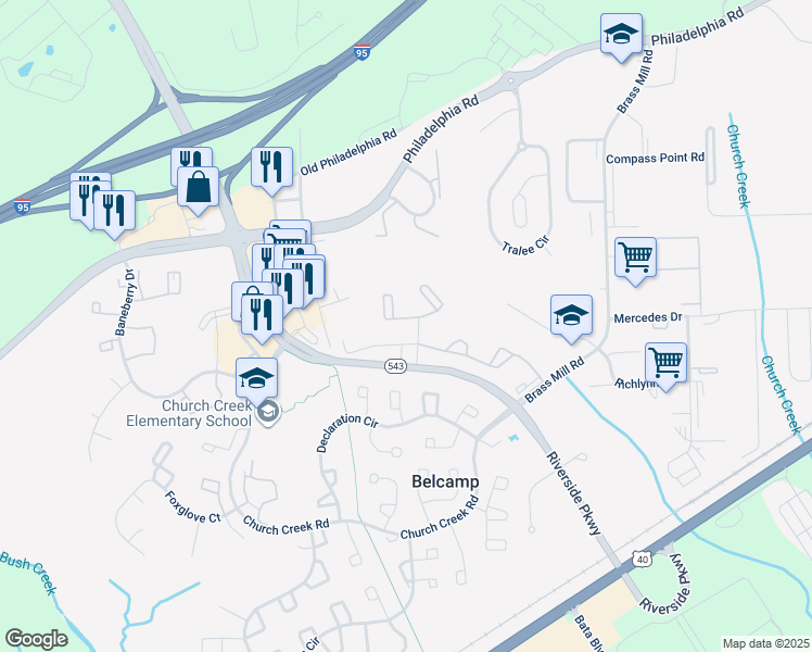 map of restaurants, bars, coffee shops, grocery stores, and more near 4253 Goodson Court in Belcamp
