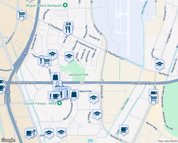 map of restaurants, bars, coffee shops, grocery stores, and more near 4630 Sordi Court in Reno