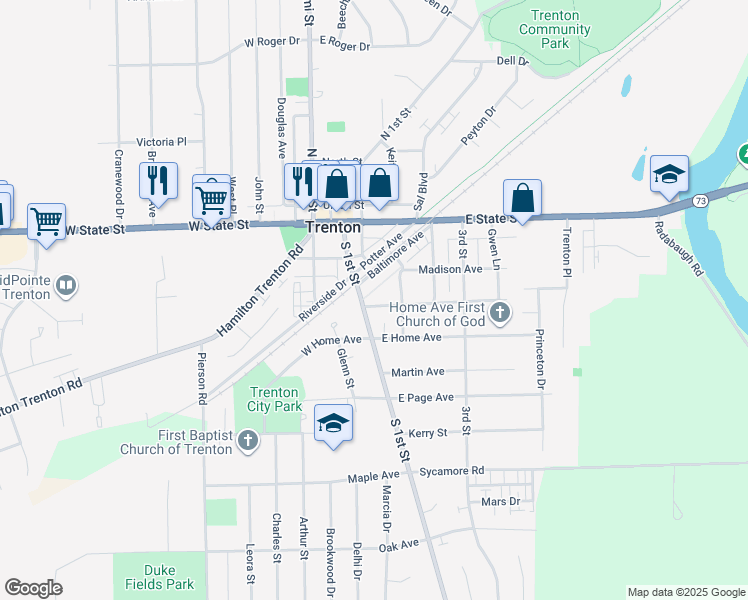 map of restaurants, bars, coffee shops, grocery stores, and more near 106 Ohio Avenue in Trenton