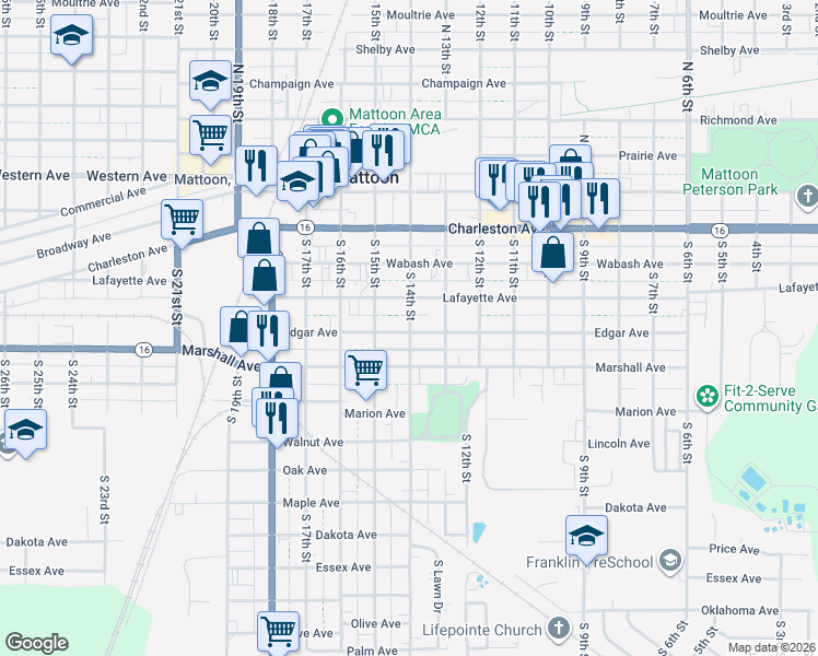 map of restaurants, bars, coffee shops, grocery stores, and more near 1404 Edgar Avenue in Mattoon