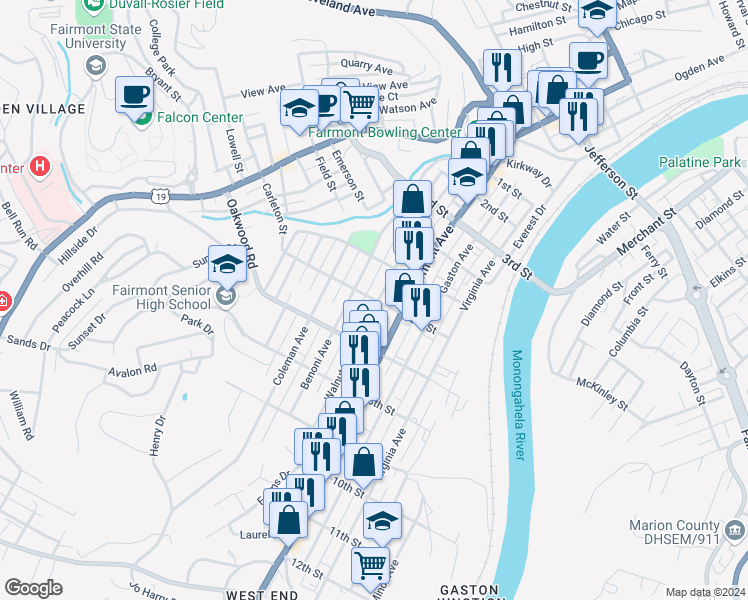 map of restaurants, bars, coffee shops, grocery stores, and more near 601-605 6th Street in Fairmont