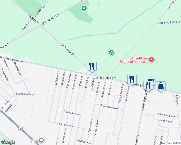 map of restaurants, bars, coffee shops, grocery stores, and more near 104 West Duerer Street in Galloway