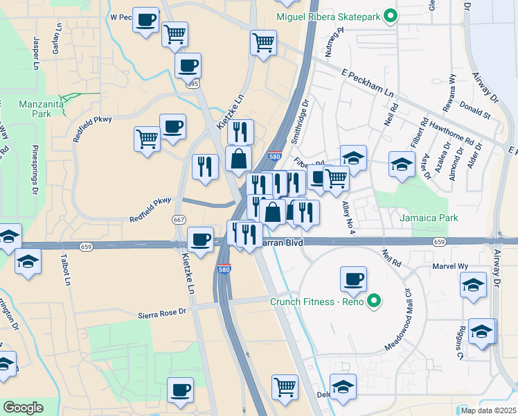 map of restaurants, bars, coffee shops, grocery stores, and more near 5000 Smithridge Drive in Reno