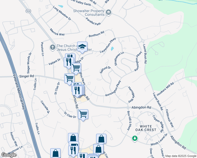 map of restaurants, bars, coffee shops, grocery stores, and more near 2901 Ruskin Court in Abingdon