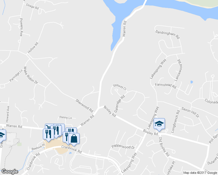 map of restaurants, bars, coffee shops, grocery stores, and more near 28 Stillway Court in Cockeysville