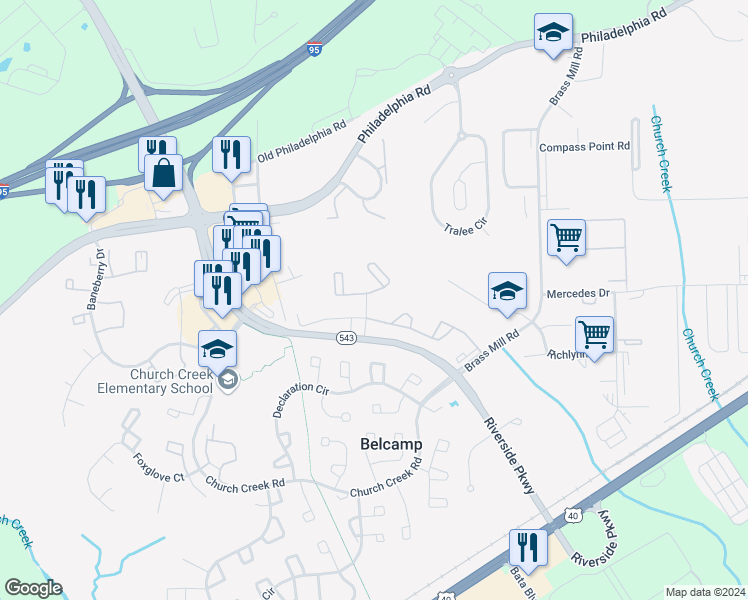map of restaurants, bars, coffee shops, grocery stores, and more near 4303 Gilmer Court in Belcamp