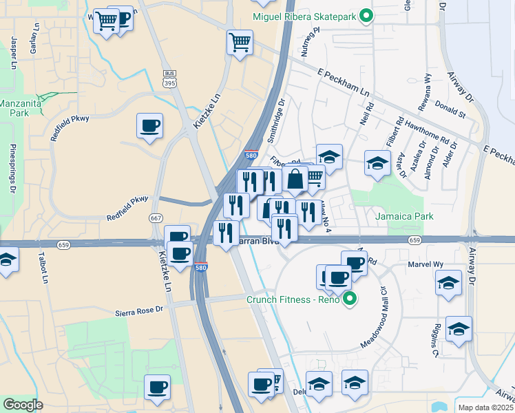 map of restaurants, bars, coffee shops, grocery stores, and more near 780 Smithridge Dr in Reno
