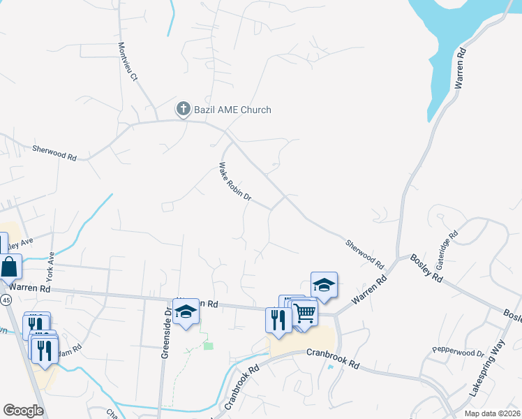 map of restaurants, bars, coffee shops, grocery stores, and more near 427 Wake Robin Drive in Cockeysville