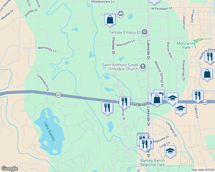 map of restaurants, bars, coffee shops, grocery stores, and more near 4831 Lakeridge Terrace West in Reno