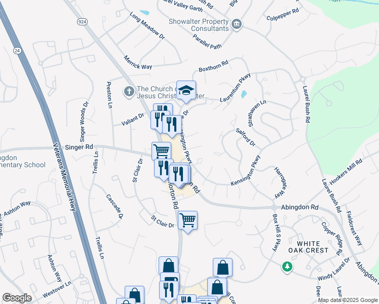map of restaurants, bars, coffee shops, grocery stores, and more near 2921 Byron Court in Abingdon
