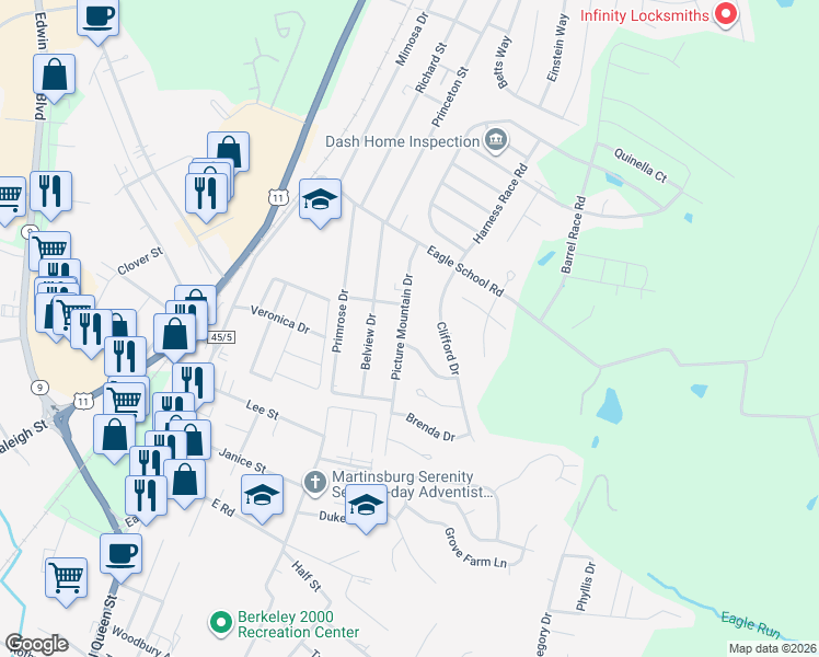 map of restaurants, bars, coffee shops, grocery stores, and more near 181 Picture Mountain Drive in Martinsburg