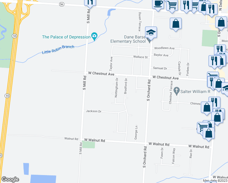 map of restaurants, bars, coffee shops, grocery stores, and more near 628 Nottingham Drive in Vineland