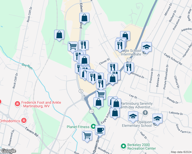 map of restaurants, bars, coffee shops, grocery stores, and more near 209 Clover Street in Martinsburg