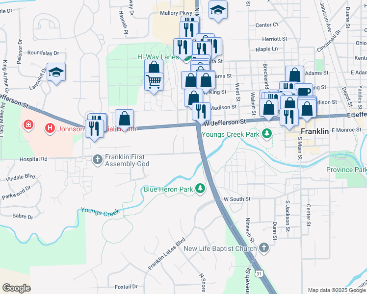 map of restaurants, bars, coffee shops, grocery stores, and more near 188 Los Ranchos Drive in Franklin