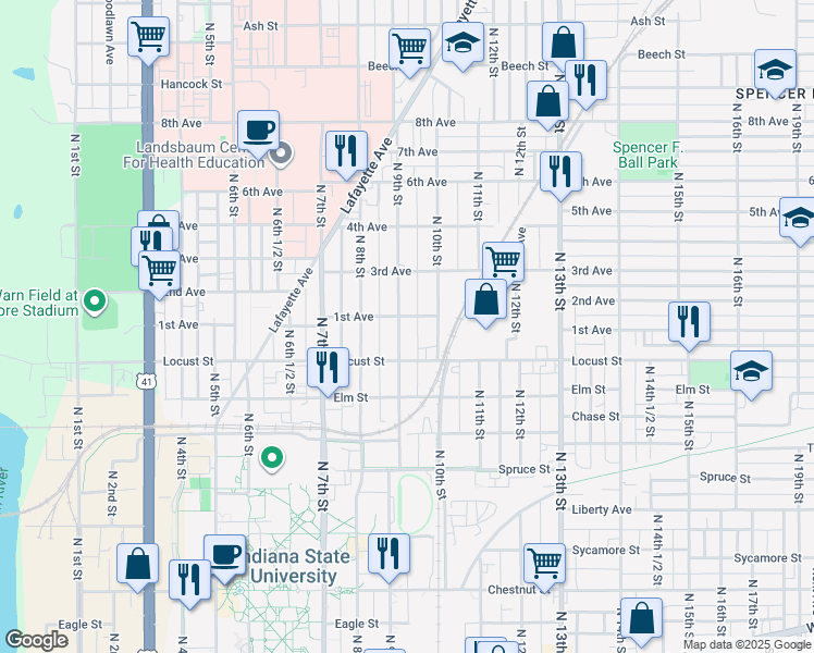 map of restaurants, bars, coffee shops, grocery stores, and more near 933 North 9th Street in Terre Haute