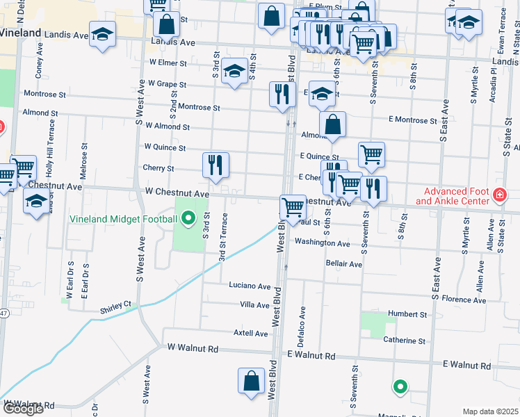 map of restaurants, bars, coffee shops, grocery stores, and more near 409 Chestnut Avenue in Pleasantville