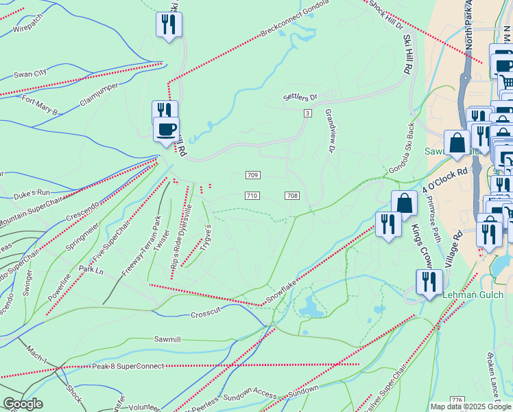map of restaurants, bars, coffee shops, grocery stores, and more near 364 4 O'Clock Run Road in Breckenridge