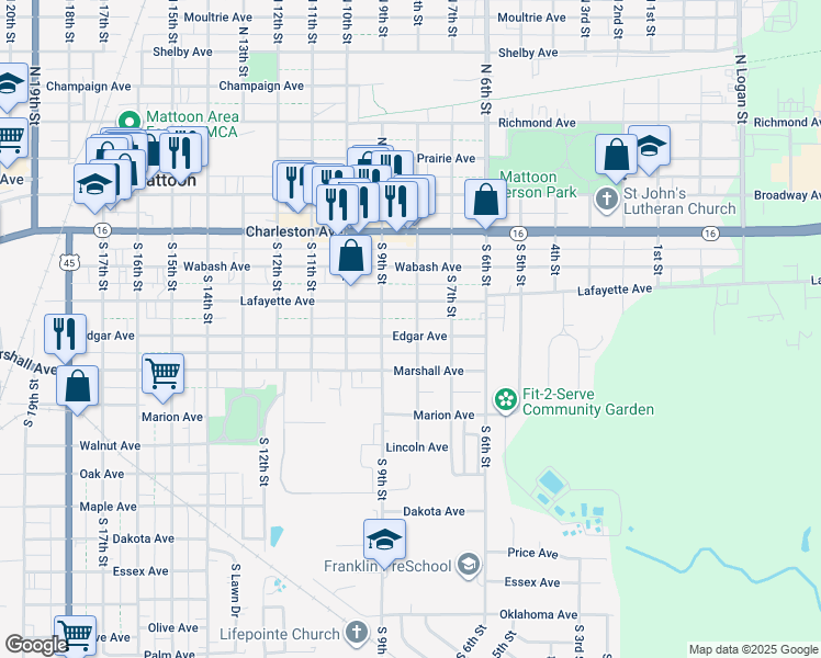 map of restaurants, bars, coffee shops, grocery stores, and more near 800 Edgar Avenue in Mattoon