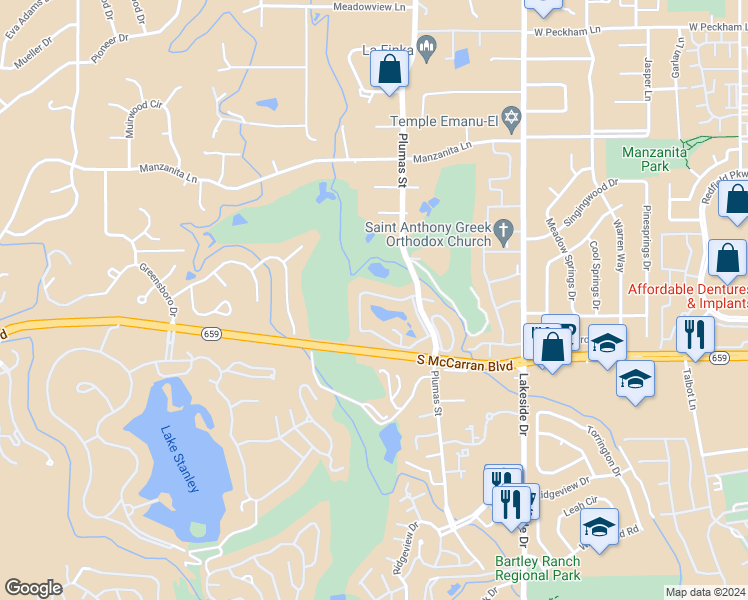 map of restaurants, bars, coffee shops, grocery stores, and more near 4841 Lakeridge Terrace West in Reno