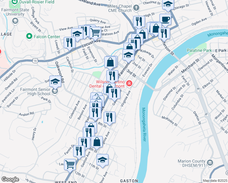 map of restaurants, bars, coffee shops, grocery stores, and more near 510 Fairmont Avenue in Fairmont