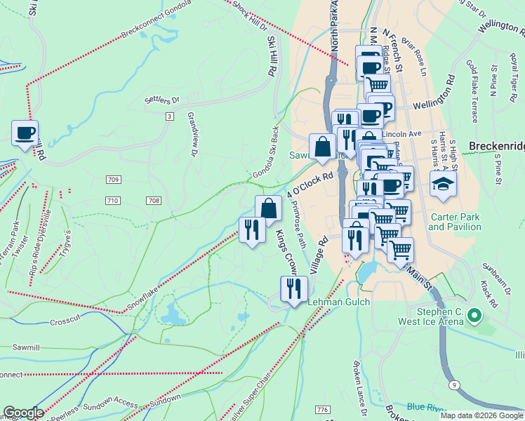 map of restaurants, bars, coffee shops, grocery stores, and more near 602 4 O Clock Road in Breckenridge