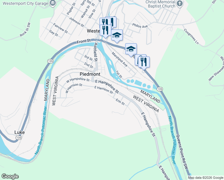 map of restaurants, bars, coffee shops, grocery stores, and more near 82 East Hampshire Street in Piedmont