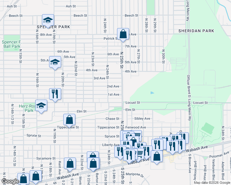 map of restaurants, bars, coffee shops, grocery stores, and more near 2442 1st Avenue in Terre Haute
