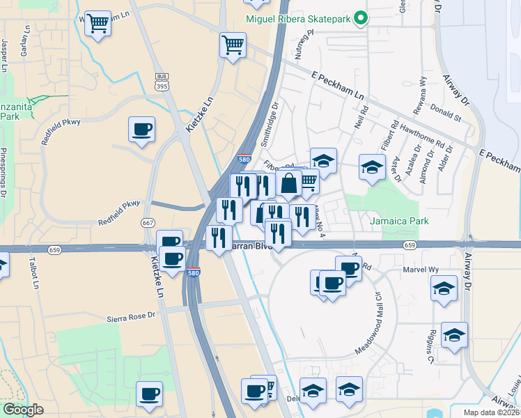 map of restaurants, bars, coffee shops, grocery stores, and more near 5089 South McCarran Boulevard in Reno