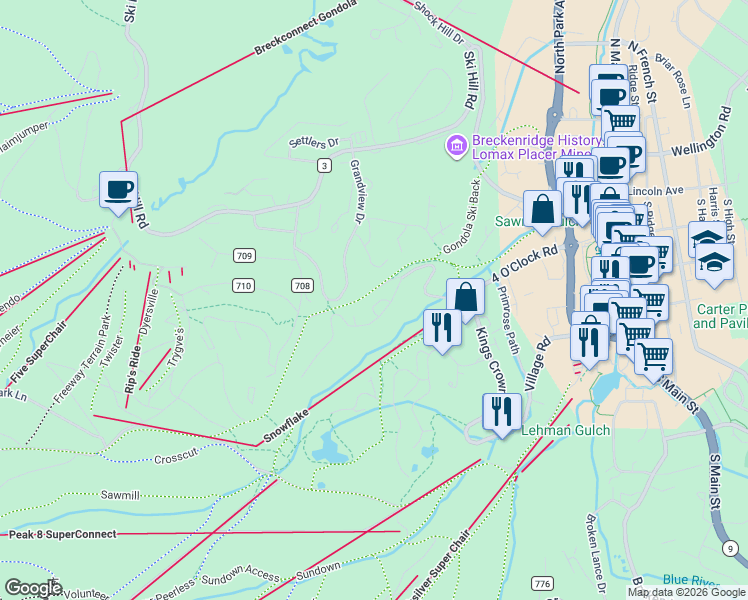 map of restaurants, bars, coffee shops, grocery stores, and more near 945 4 O Clock Road in Breckenridge