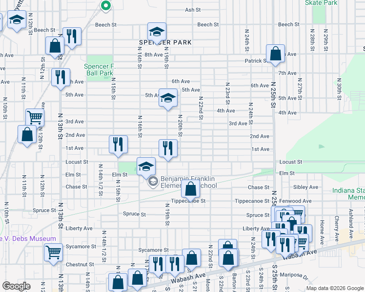 map of restaurants, bars, coffee shops, grocery stores, and more near 2000 1st Avenue in Terre Haute