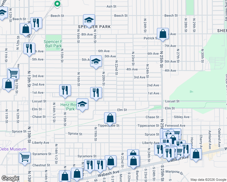 map of restaurants, bars, coffee shops, grocery stores, and more near 2000-2198 1st Ave in Terre Haute