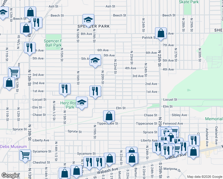 map of restaurants, bars, coffee shops, grocery stores, and more near 2000-2198 1st Ave in Terre Haute
