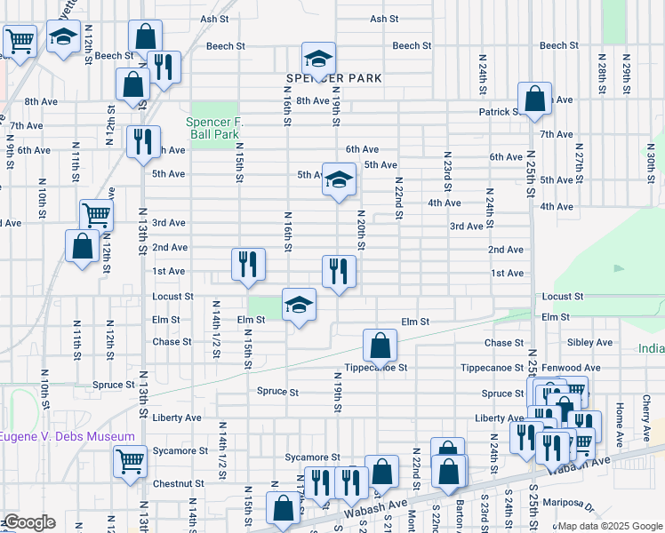 map of restaurants, bars, coffee shops, grocery stores, and more near 1660 1st Avenue in Terre Haute