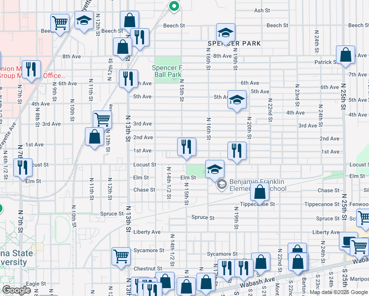 map of restaurants, bars, coffee shops, grocery stores, and more near 1500 1st Avenue in Terre Haute