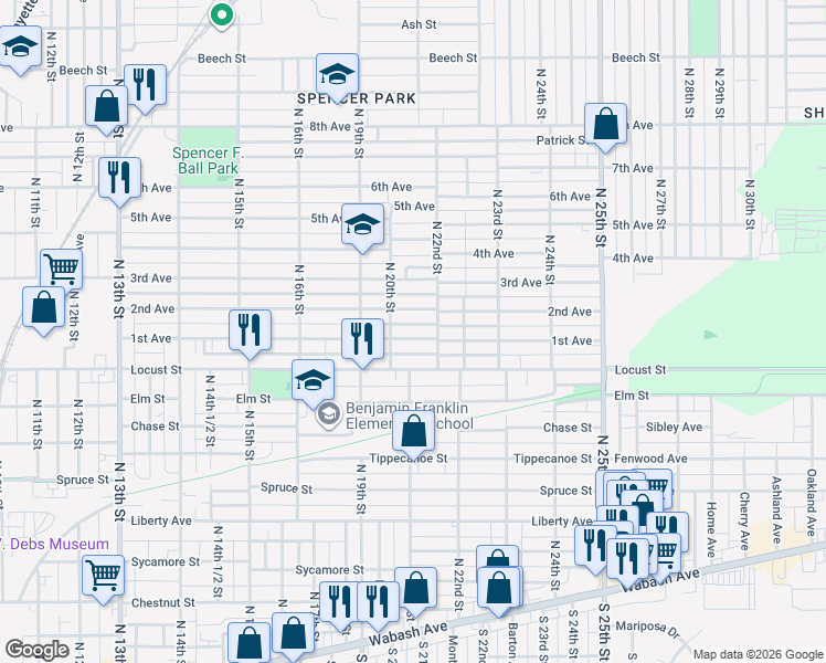 map of restaurants, bars, coffee shops, grocery stores, and more near 2000 1st Avenue in Terre Haute