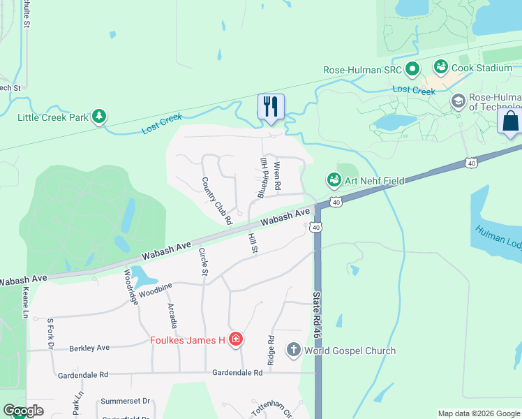 map of restaurants, bars, coffee shops, grocery stores, and more near 5268-5466 Wabash Ave in Terre Haute