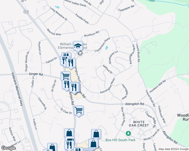 map of restaurants, bars, coffee shops, grocery stores, and more near 2906 Ruskin Court in Abingdon