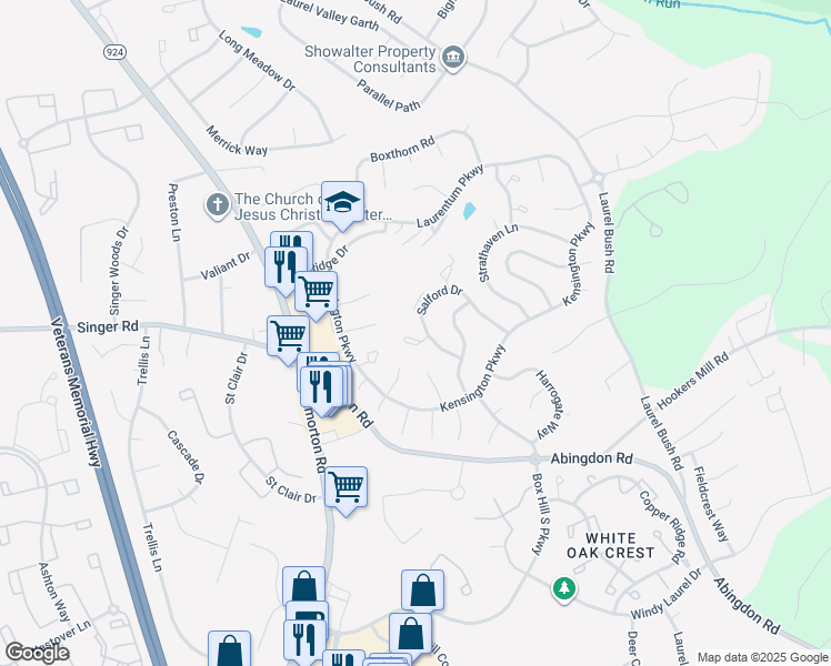map of restaurants, bars, coffee shops, grocery stores, and more near 2906 Ruskin Court in Abingdon