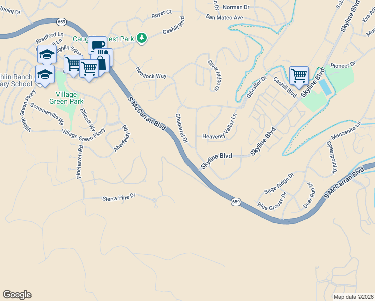 map of restaurants, bars, coffee shops, grocery stores, and more near 2697 Chaparral Drive in Reno
