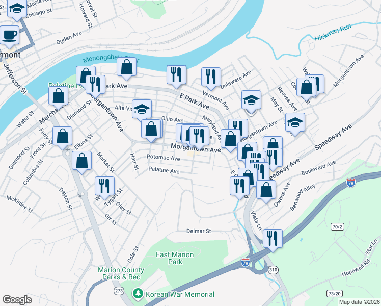 map of restaurants, bars, coffee shops, grocery stores, and more near 717 Lemley St in Fairmont