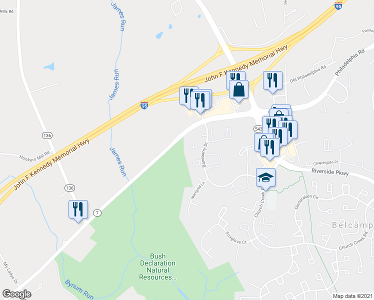map of restaurants, bars, coffee shops, grocery stores, and more near 1428 Tarragon Court in Belcamp