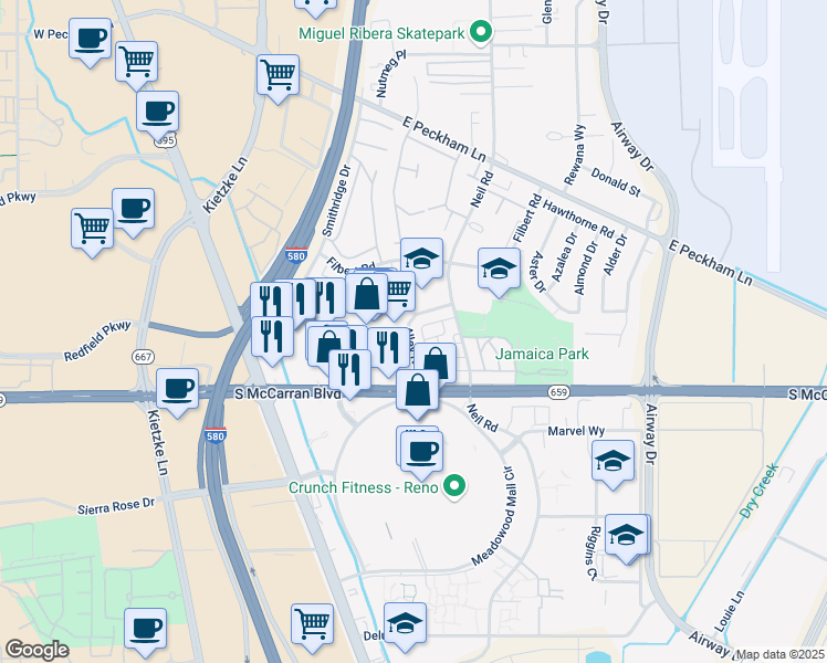 map of restaurants, bars, coffee shops, grocery stores, and more near 5023 South McCarran Boulevard in Reno