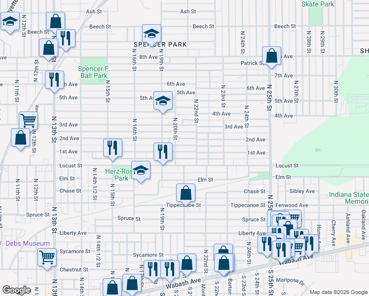 map of restaurants, bars, coffee shops, grocery stores, and more near 2000 1st Avenue in Terre Haute