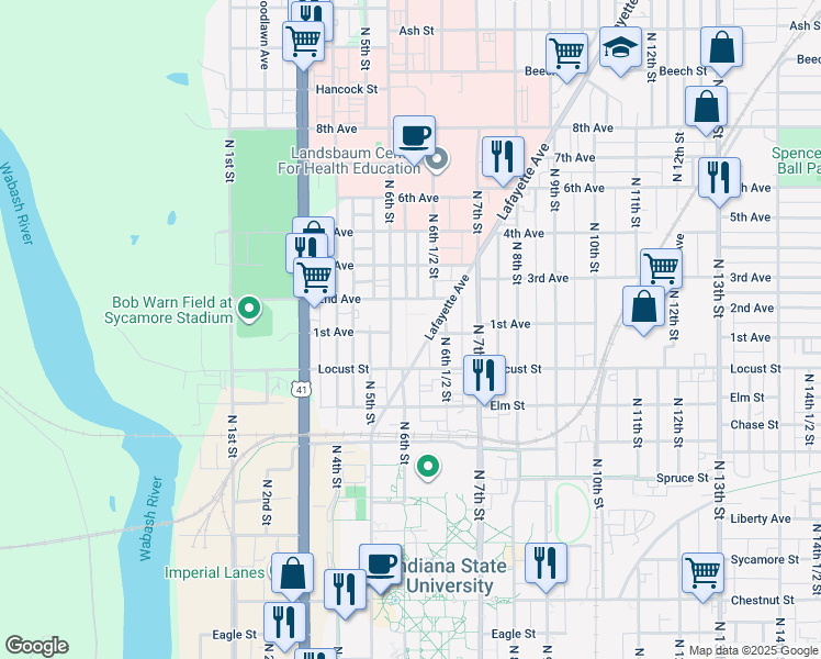 map of restaurants, bars, coffee shops, grocery stores, and more near 600-622 Lafayette Avenue in Terre Haute