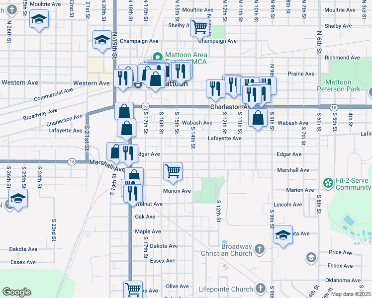 map of restaurants, bars, coffee shops, grocery stores, and more near 1404 Edgar Avenue in Mattoon