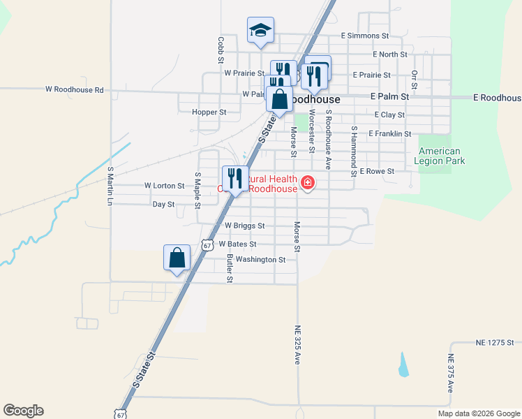 map of restaurants, bars, coffee shops, grocery stores, and more near South Mill Street in Roodhouse