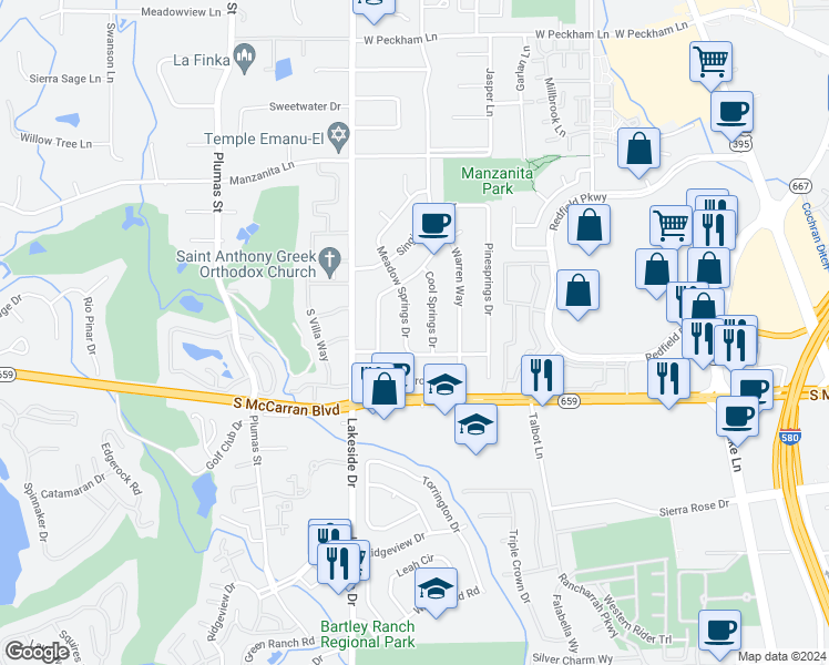 map of restaurants, bars, coffee shops, grocery stores, and more near 4912 Meadow Springs Drive in Reno