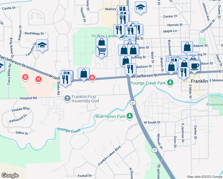map of restaurants, bars, coffee shops, grocery stores, and more near 160 Los Ranchos Drive in Franklin